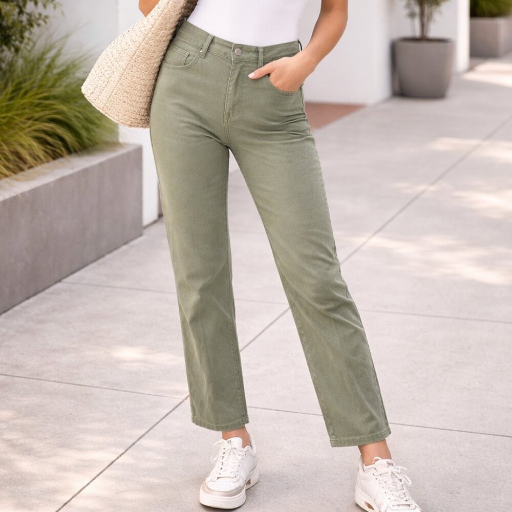 Indi & Cold Size 38 Olive Flare Jeans | High Rise Wide Leg Cotton Pants